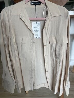 Zara Beige Button-Up Shirt with Chest Pockets